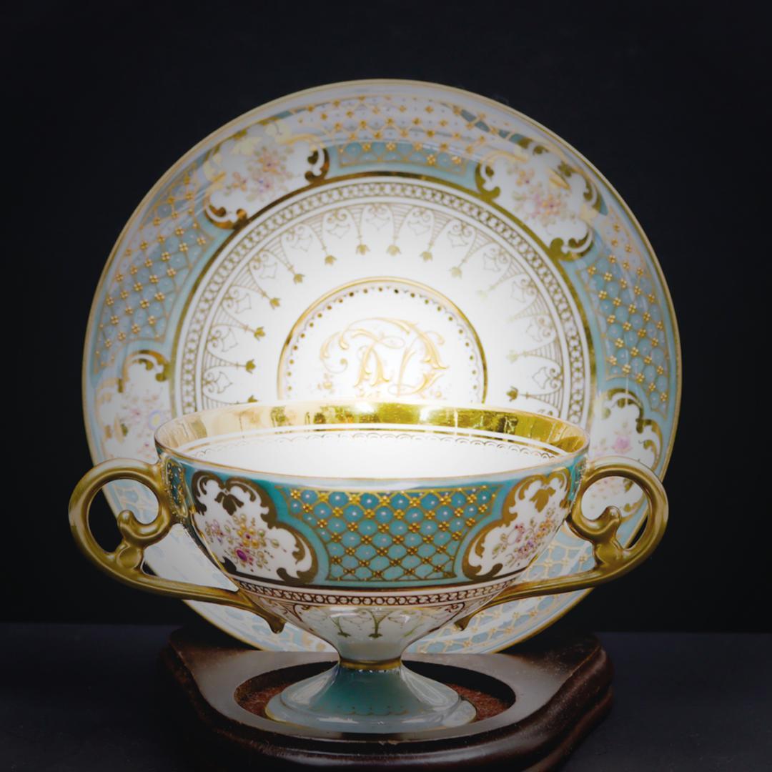 ドレスデン磁器 ドナー工房 モノグラム＆ターコイズ ブイヨンカップ＆ソーサー