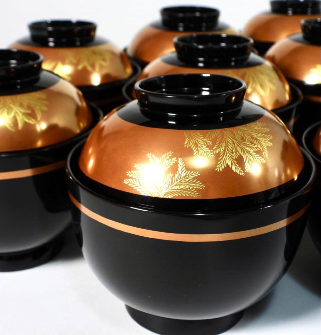 【美品】輪島塗 木製漆器 沈金 蓋椀 吸物椀 汁椀 10客