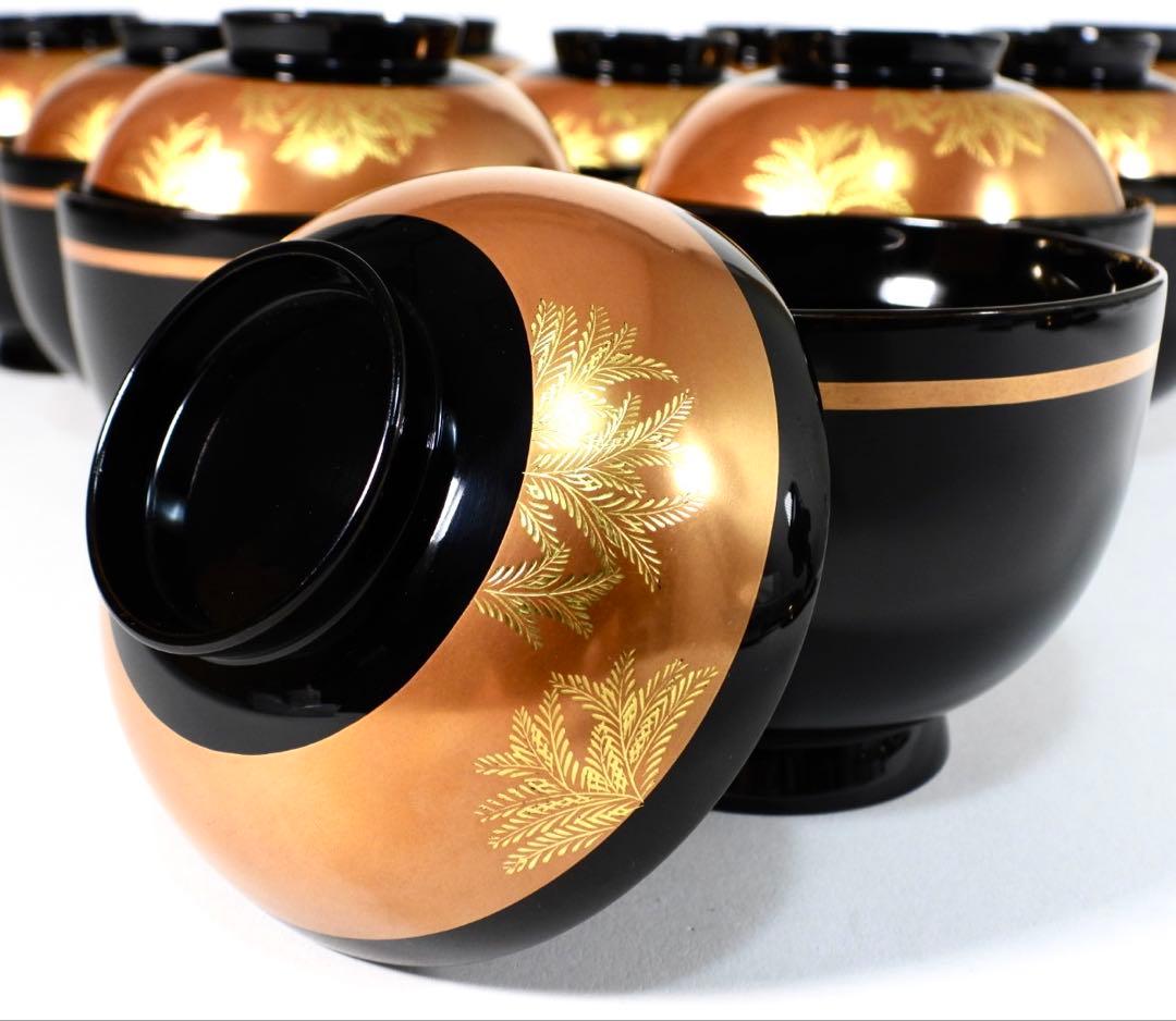 【美品】輪島塗 木製漆器 沈金 蓋椀 吸物椀 汁椀 10客
