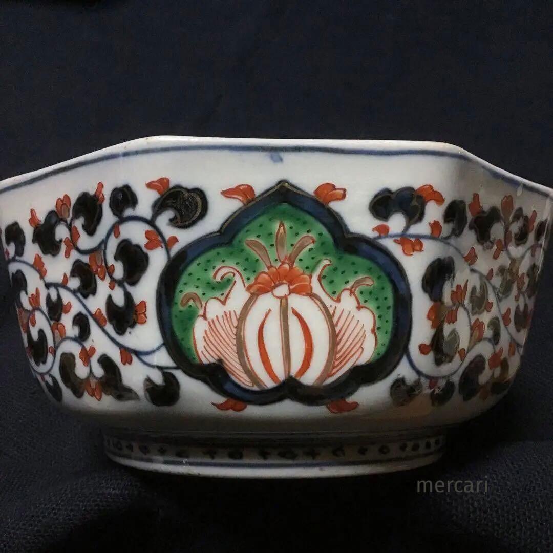 伊万里焼 色絵 草花紋様 八角 六寸深鉢 /骨董/時代物