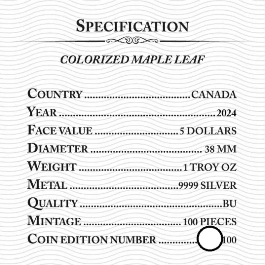 【世界100枚限定！】メイプルリーフ 銀貨 カラー セントバーナード 1オンス