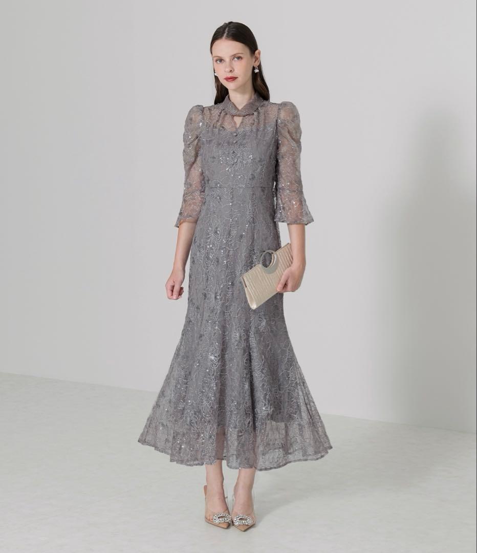 LEJAスパンコール花柄刺繍ソフトパフスリーブマーメイドラインドレスワンピース