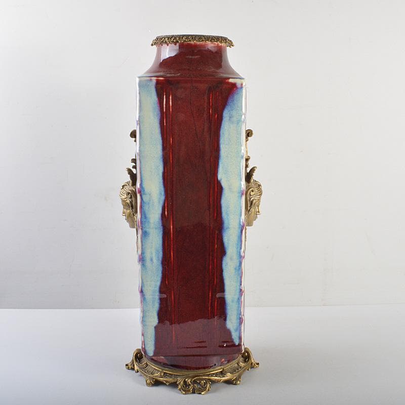 中国　大清乾隆年製款　西洋古銅装飾　辰砂　釉裏紅四方瓶　F　R7049F