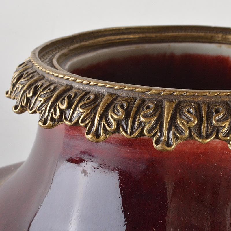 中国　大清乾隆年製款　西洋古銅装飾　辰砂　釉裏紅四方瓶　F　R7049F