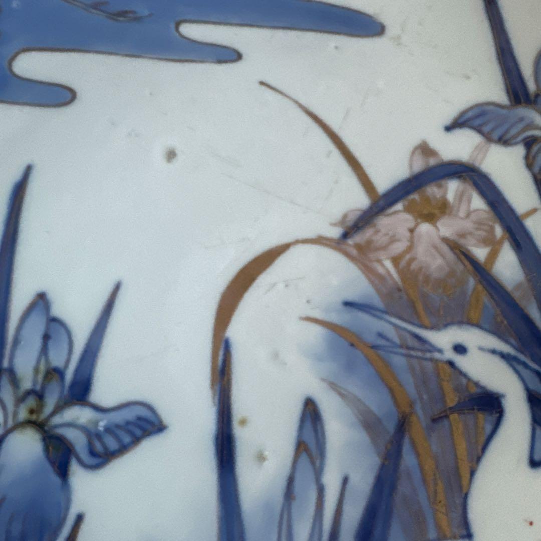 お値下げ❣️ヴィンテージ　大皿　青　　　白い鶴と花の陶器皿
