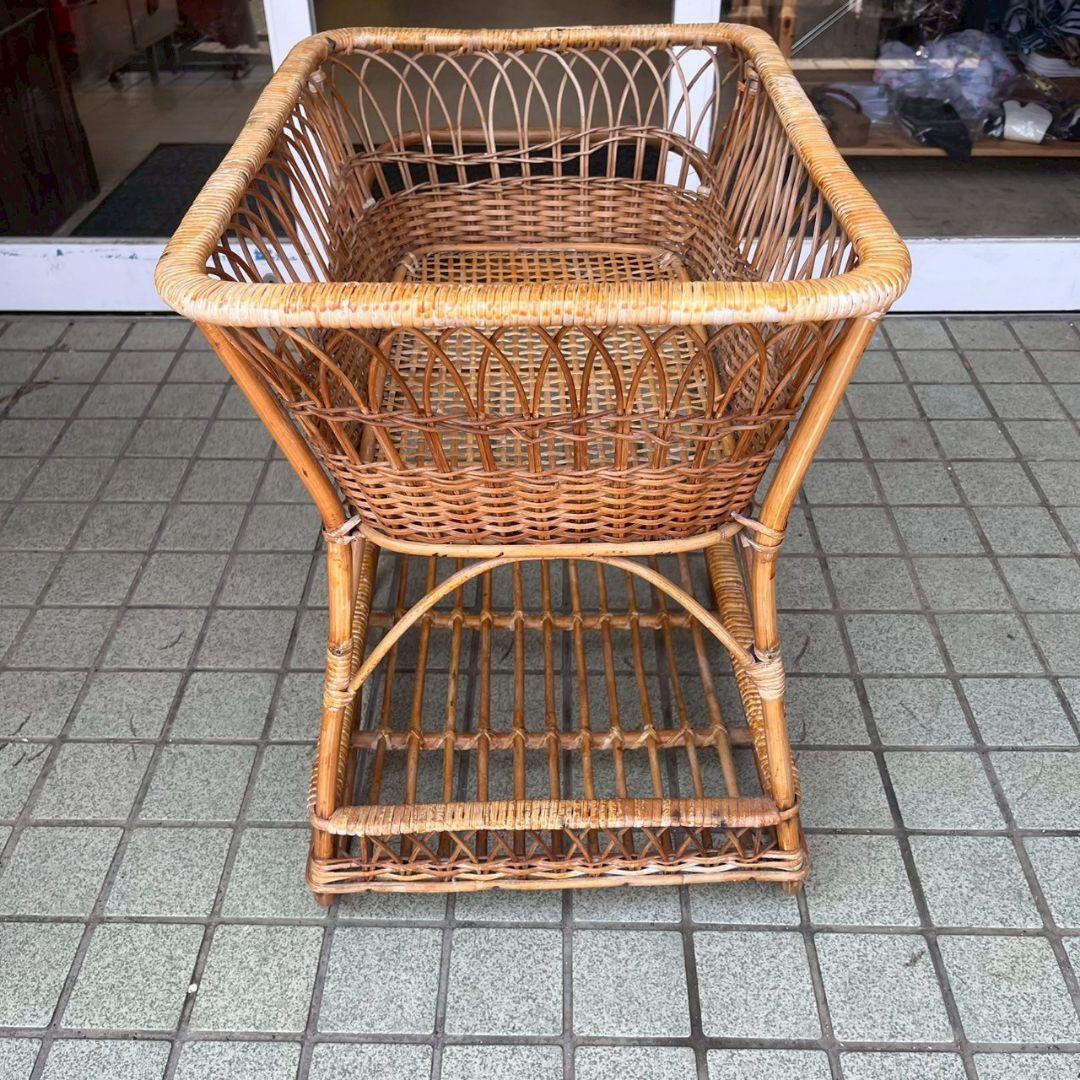 K◆アンティーク　ラタン　籐家具　ランドリーラック　2段　脱衣籠