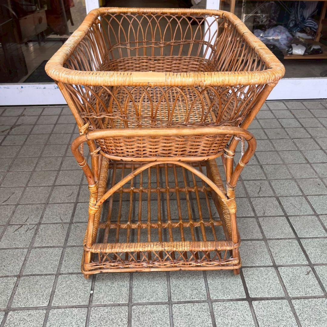 K◆アンティーク　ラタン　籐家具　ランドリーラック　2段　脱衣籠