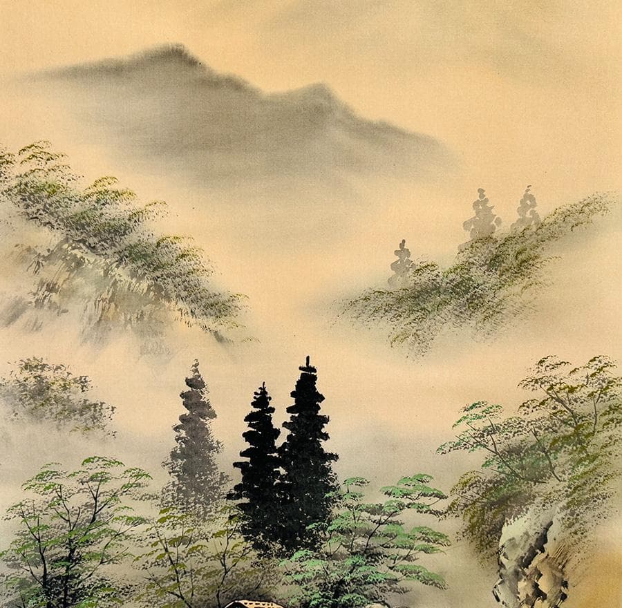 見事‼︎ 平野 翠雪 筆 彩色山水 掛け軸 掛軸 肉筆 共箱 タトウ箱 尺八立