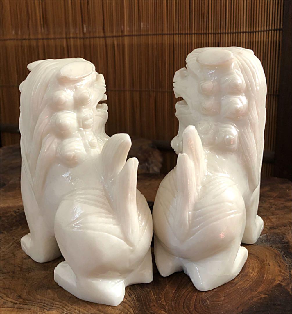 中国美術 獅子 古白玉 彫刻 一対