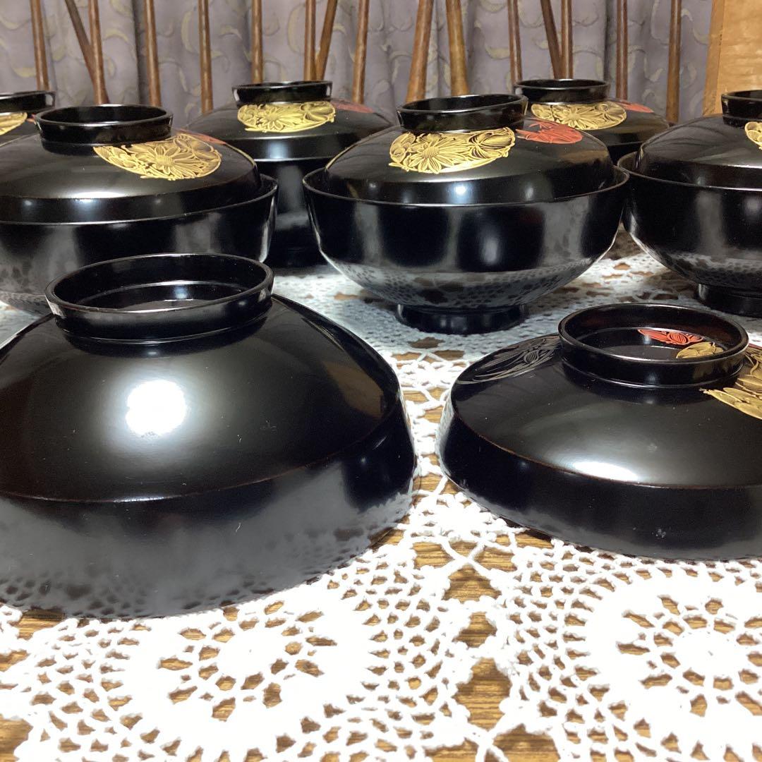 k2f10 黒塗吸物椀 10客　金色花模様　四君子