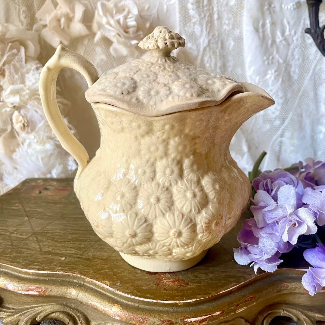 【希少】マーガレットレリーフ蓋付きピシェ ボルドー窯　フランスアンティーク