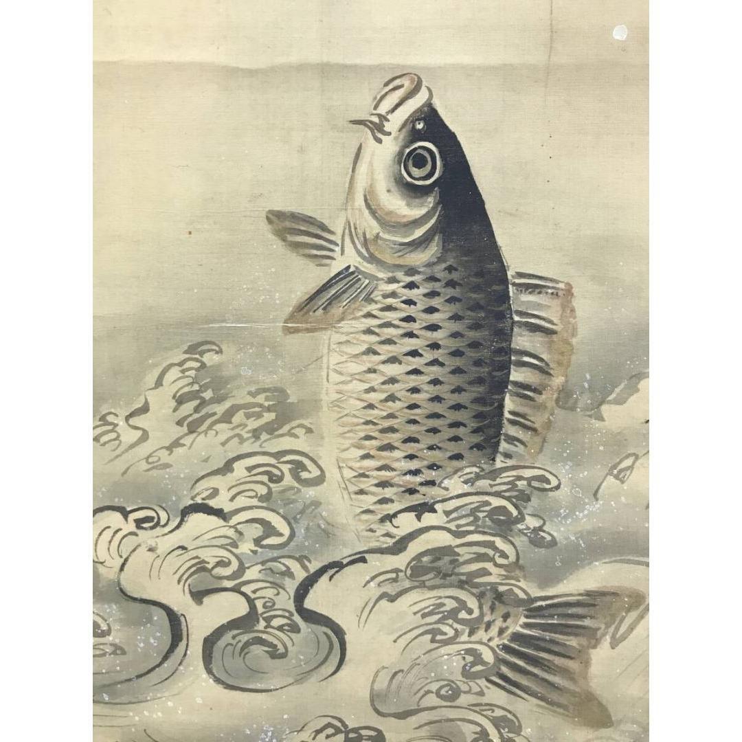 真作/狩野伊川院/滝昇鯉図/桜図/鯉図/コイ図/掛軸☆宝船☆AK-309