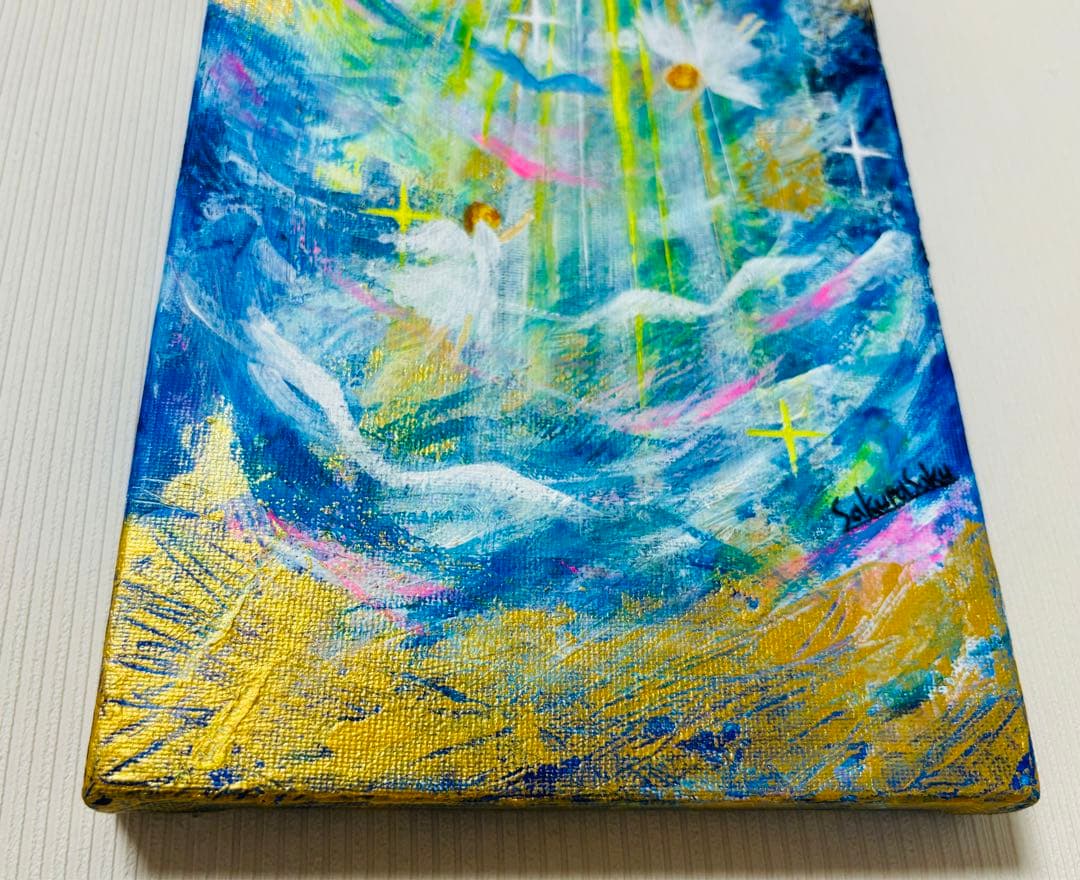 【降り注ぐ金色の光】,天使,angel,空,青空,光,ブルー,青,青い鳥,抽象画