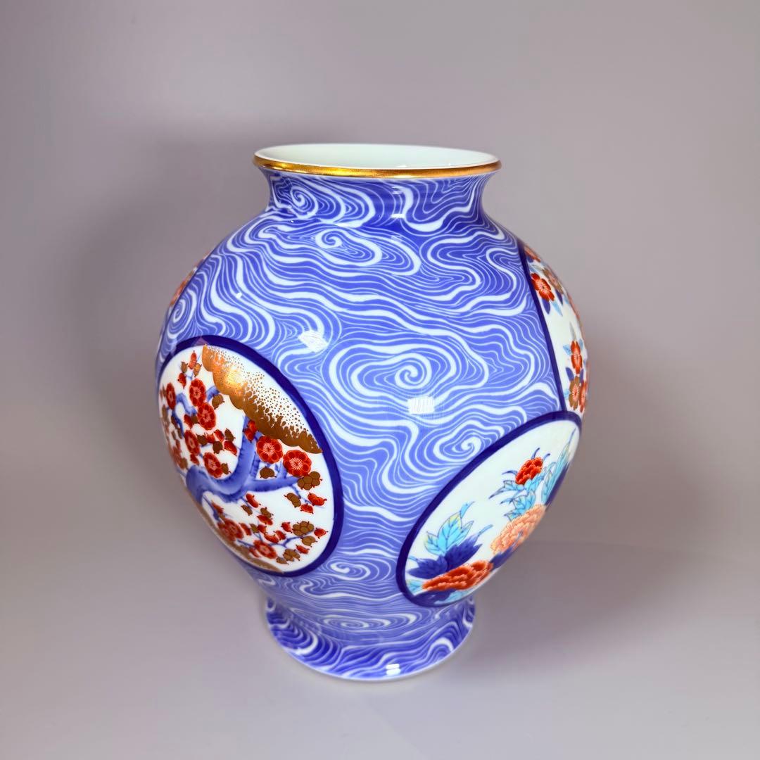 オールド香蘭社　香蘭社謹製　色絵丸文様花瓶　高さ27.3㎝　金彩　桜　梅　牡丹