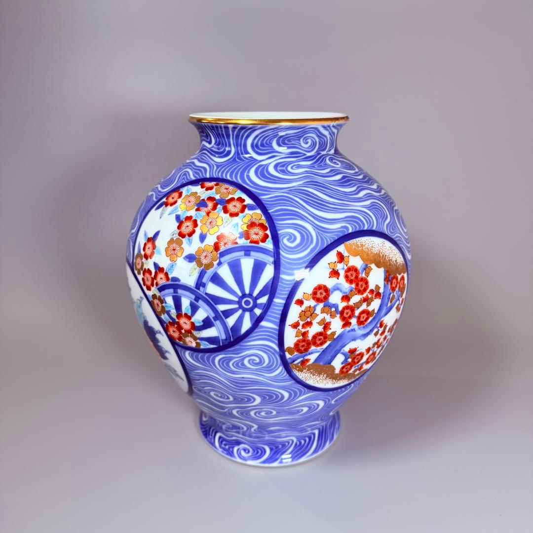 オールド香蘭社　香蘭社謹製　色絵丸文様花瓶　高さ27.3㎝　金彩　桜　梅　牡丹