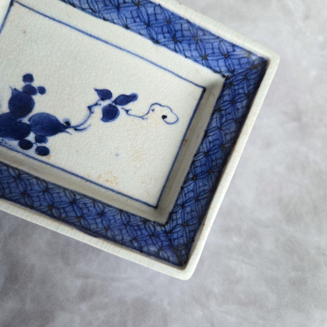 古伊万里　藍九谷　染付　蔓草四角小皿　江戸　骨董　参考品　金継ぎ　練習用　金直し