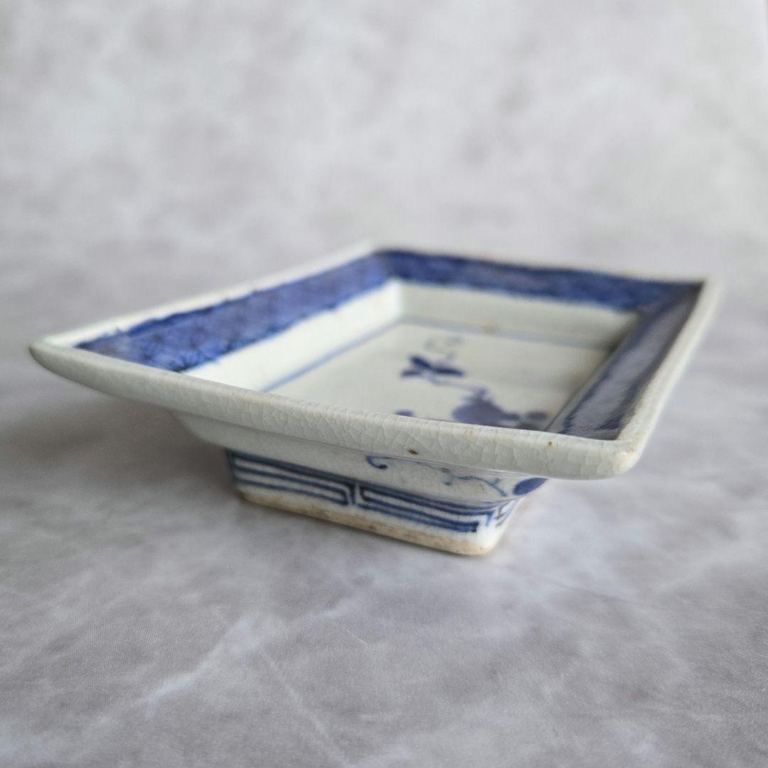 古伊万里　藍九谷　染付　蔓草四角小皿　江戸　骨董　参考品　金継ぎ　練習用　金直し