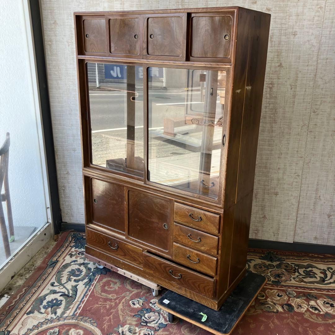 昭和レトロ 茶箪笥 茶棚 ガラス扉 サイドボード 古家具 飾り棚ビンテージ