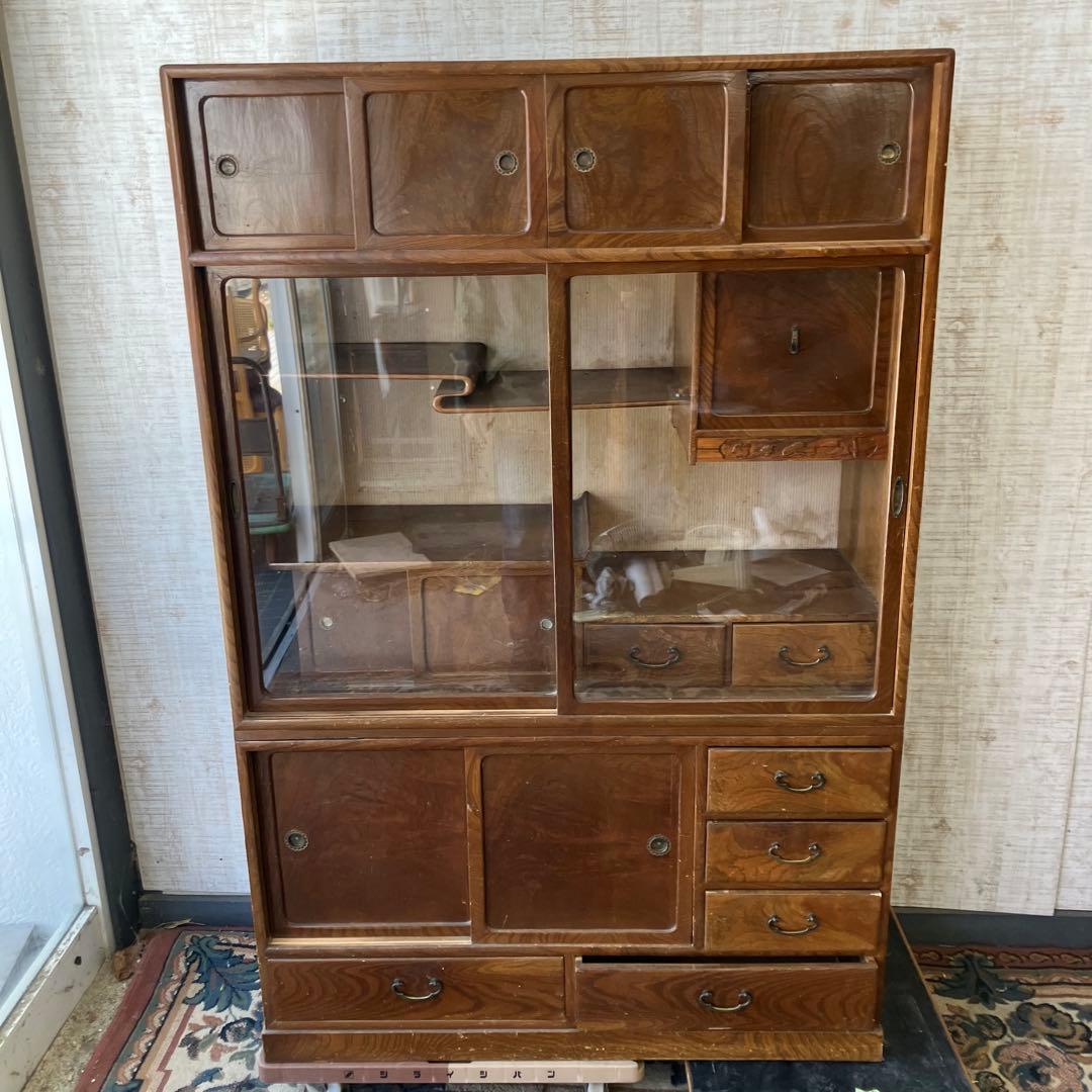 昭和レトロ 茶箪笥 茶棚 ガラス扉 サイドボード 古家具 飾り棚ビンテージ
