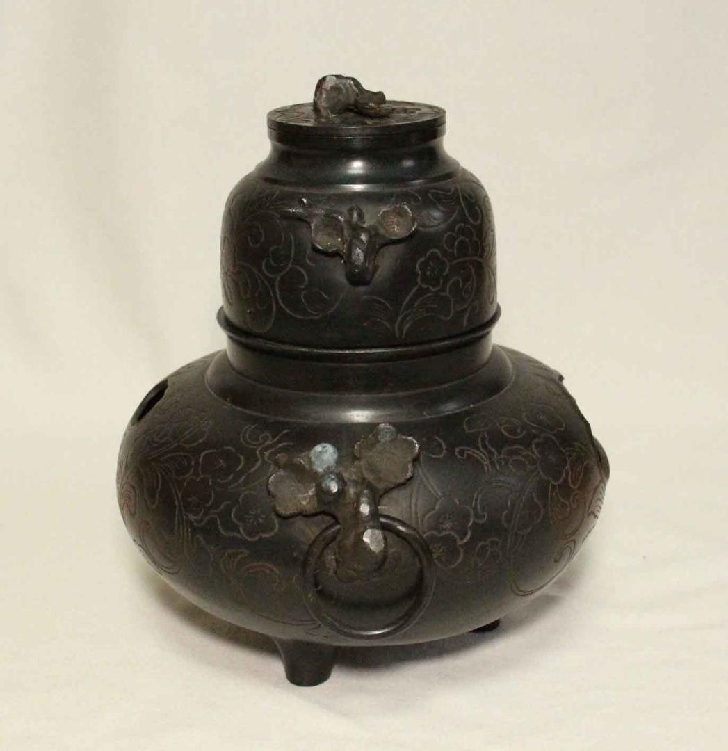 茶道具　茶釜 銅製 植物文 在銘 正斉 19cm 古銅 銅器 金属工芸　唐銅