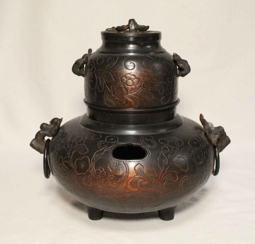 茶道具　茶釜 銅製 植物文 在銘 正斉 19cm 古銅 銅器 金属工芸　唐銅