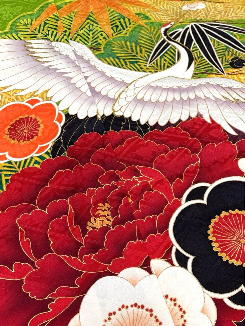 振袖 仮絵羽 刺繍 金彩 紋意匠 牡丹 大輪 正絹 未仕立て品 八掛付き
