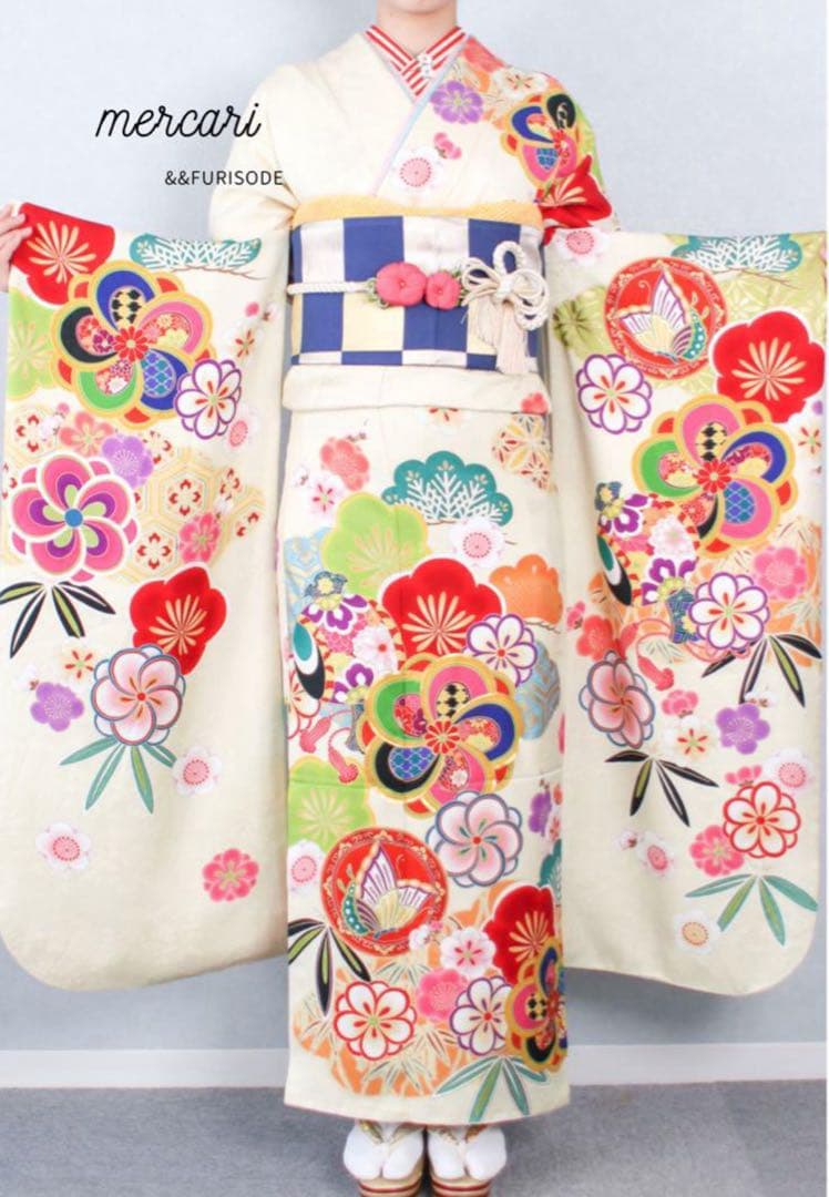 松竹梅　クリーム　振袖　成人式　フルセット