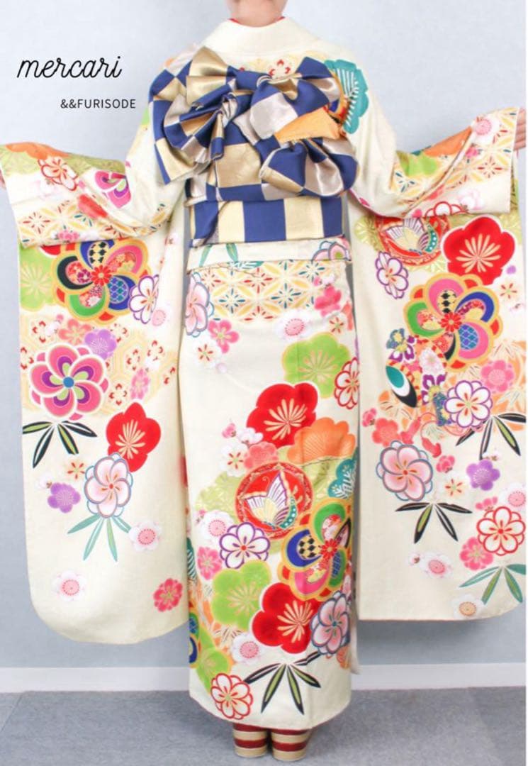 松竹梅　クリーム　振袖　成人式　フルセット