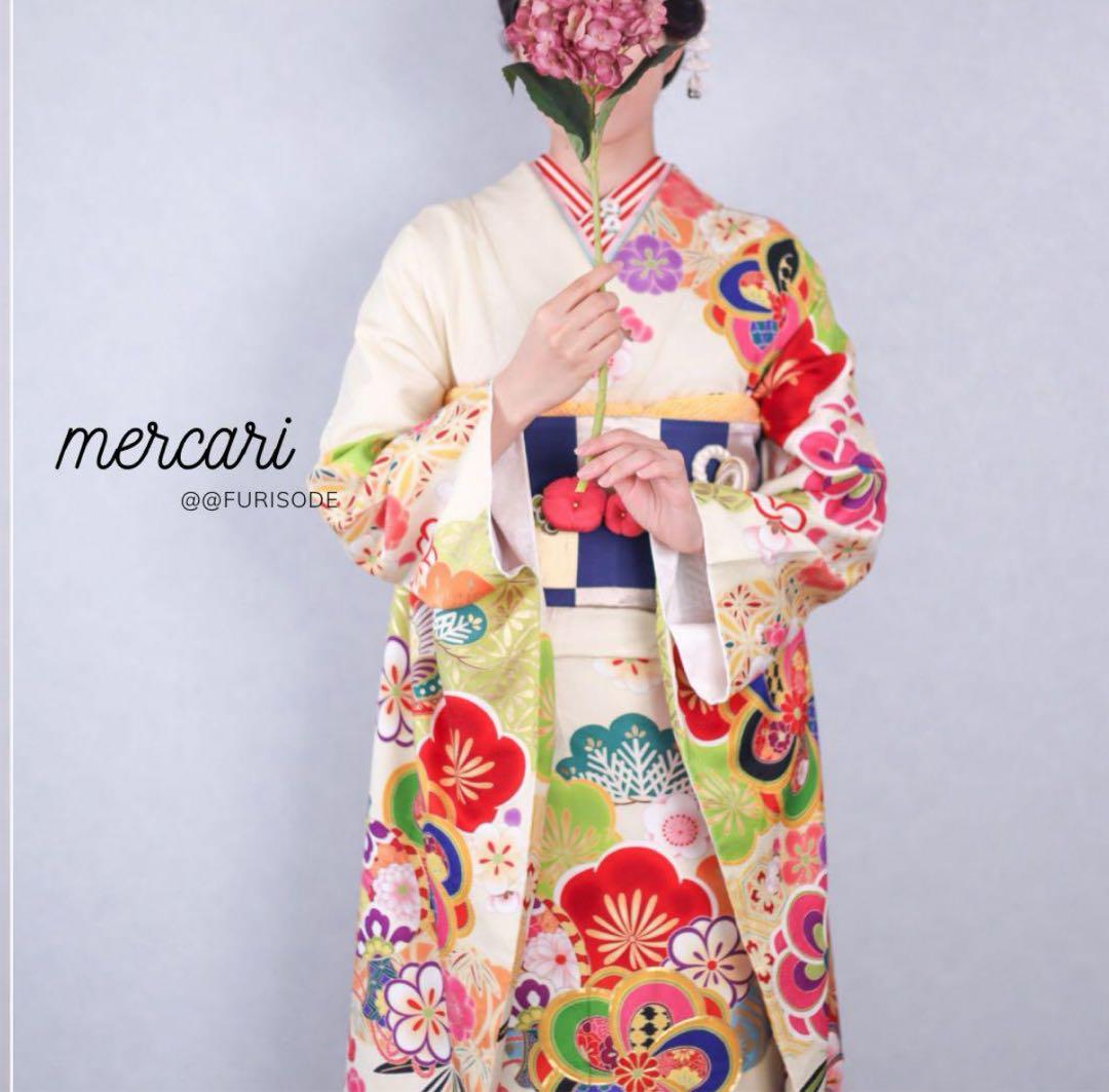 松竹梅　クリーム　振袖　成人式　フルセット