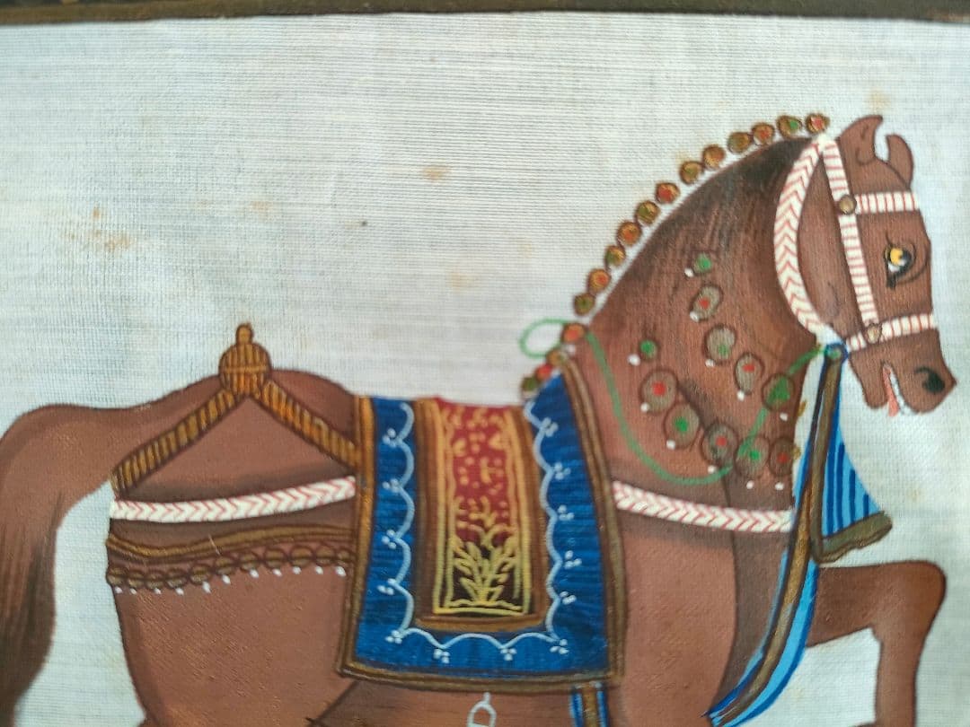 ●インド手描き 細密画 象と馬セット 額装／伝統ラージャスターン画