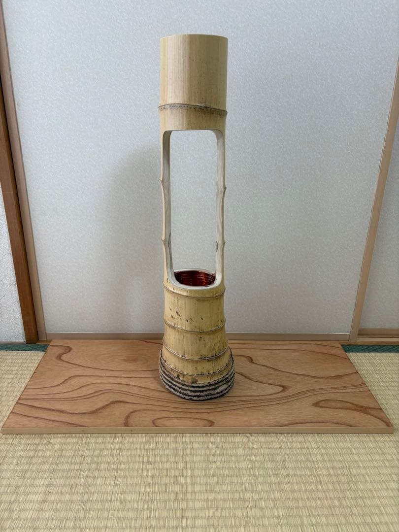 66 お正月セール　美品　根付き　二重切り　二重切　 生け花　竹花入れ　華道具