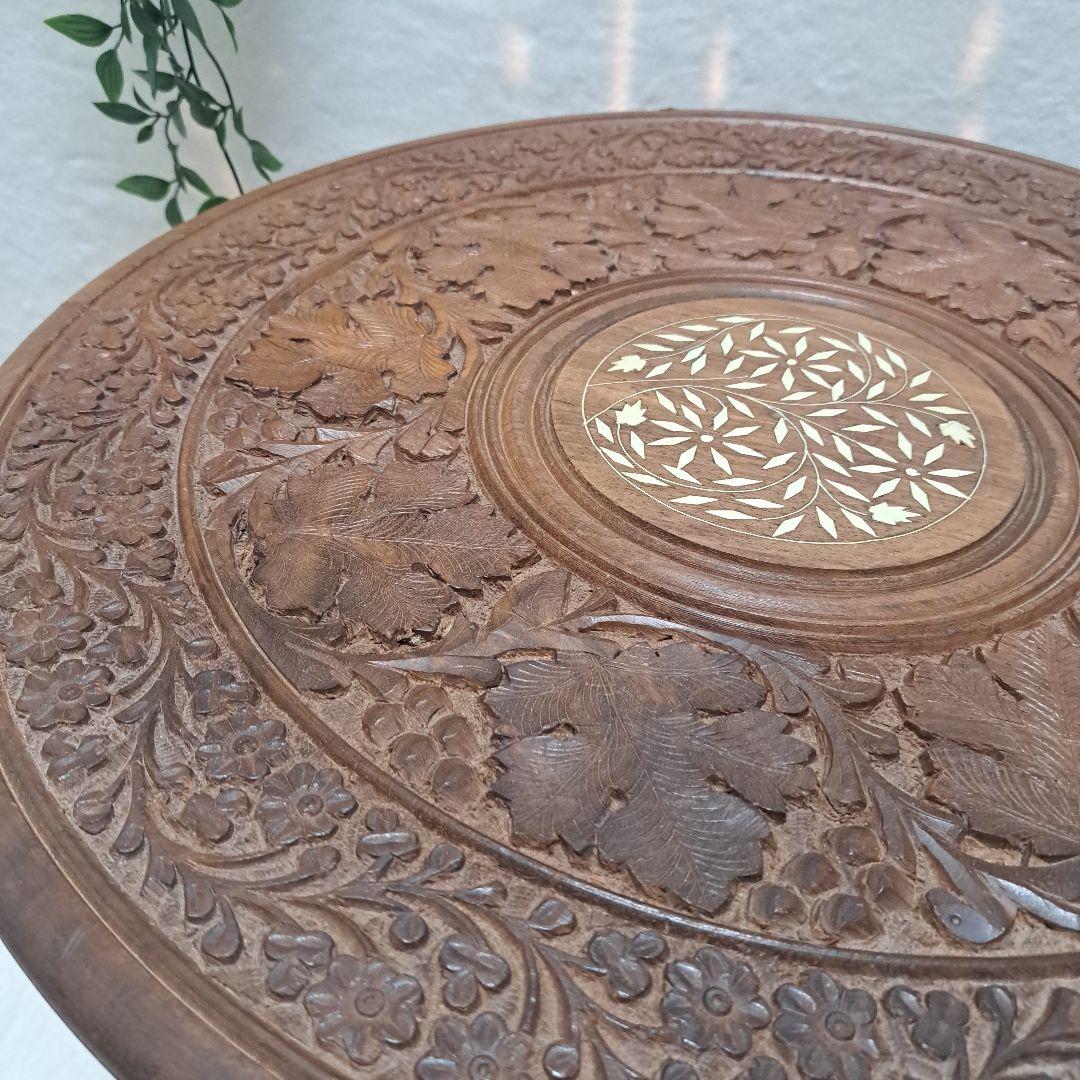 手彫り 木製 サイドテーブル 花台 八角形