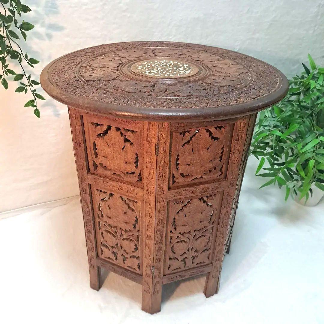手彫り 木製 サイドテーブル 花台 八角形