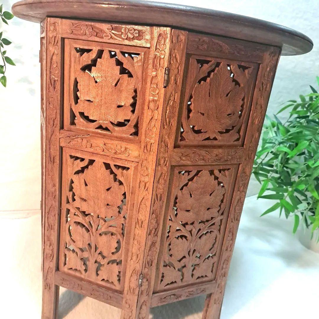 手彫り 木製 サイドテーブル 花台 八角形