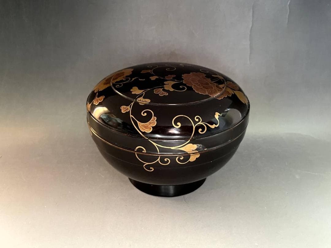 喰籠●黒塗り漆器総蔓薔薇紋蓋物（江戸期）盛器 盛鉢 菓子器 時代物 骨董品●