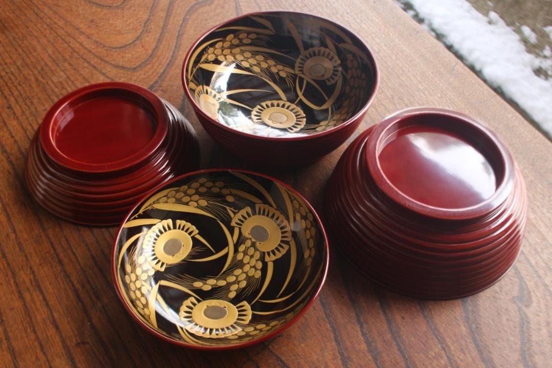 極小保管傷のみ！深みある糸目紅溜塗に極上稲穂福来雀蒔絵のお椀2点（検輪島塗雑煮椀