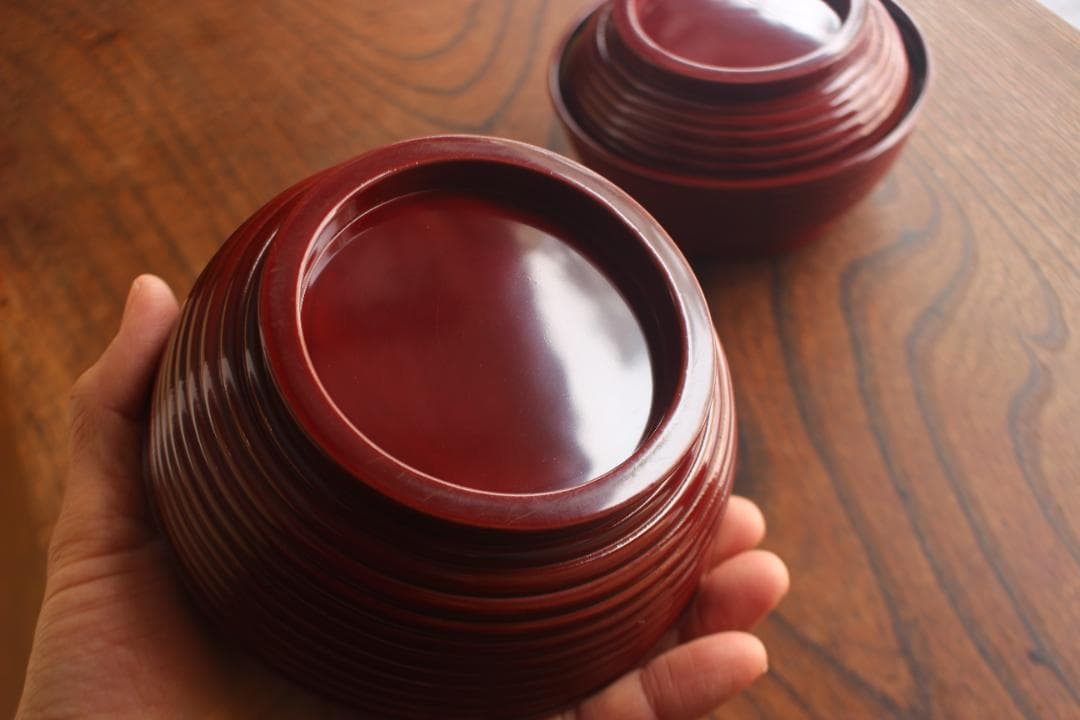 極小保管傷のみ！深みある糸目紅溜塗に極上稲穂福来雀蒔絵のお椀2点（検輪島塗雑煮椀