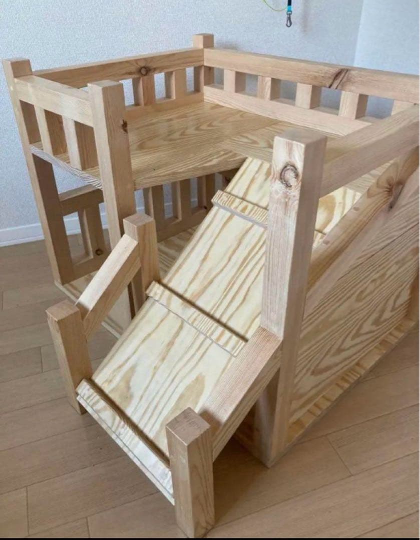 【職人手作り】木製 2階建て ドッグハウス スロープ　無垢材 おしゃれインテリア