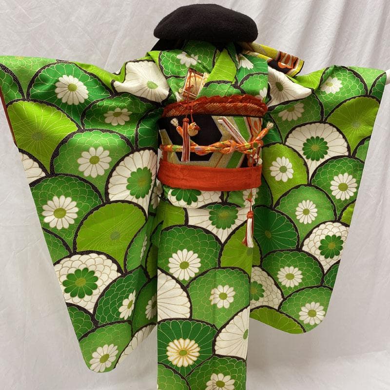 511ag46◎七五三 七歳 女児 着物&袋帯 総柄 金駒刺繍金彩 青海波 緑◎