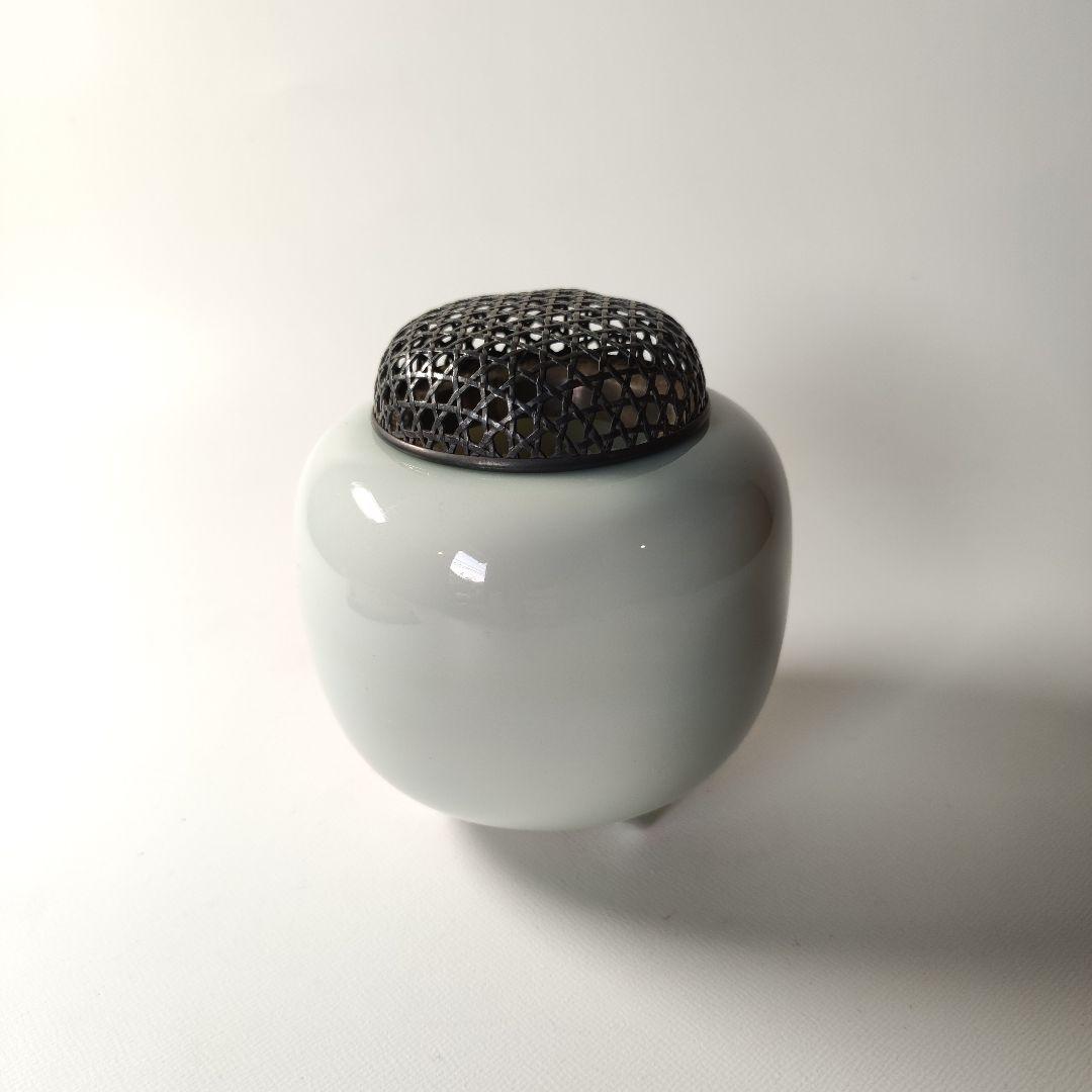 初代　涌波蘇嶐造　青瓷芦垣香炉　純銀火屋　（諏訪蘇山）