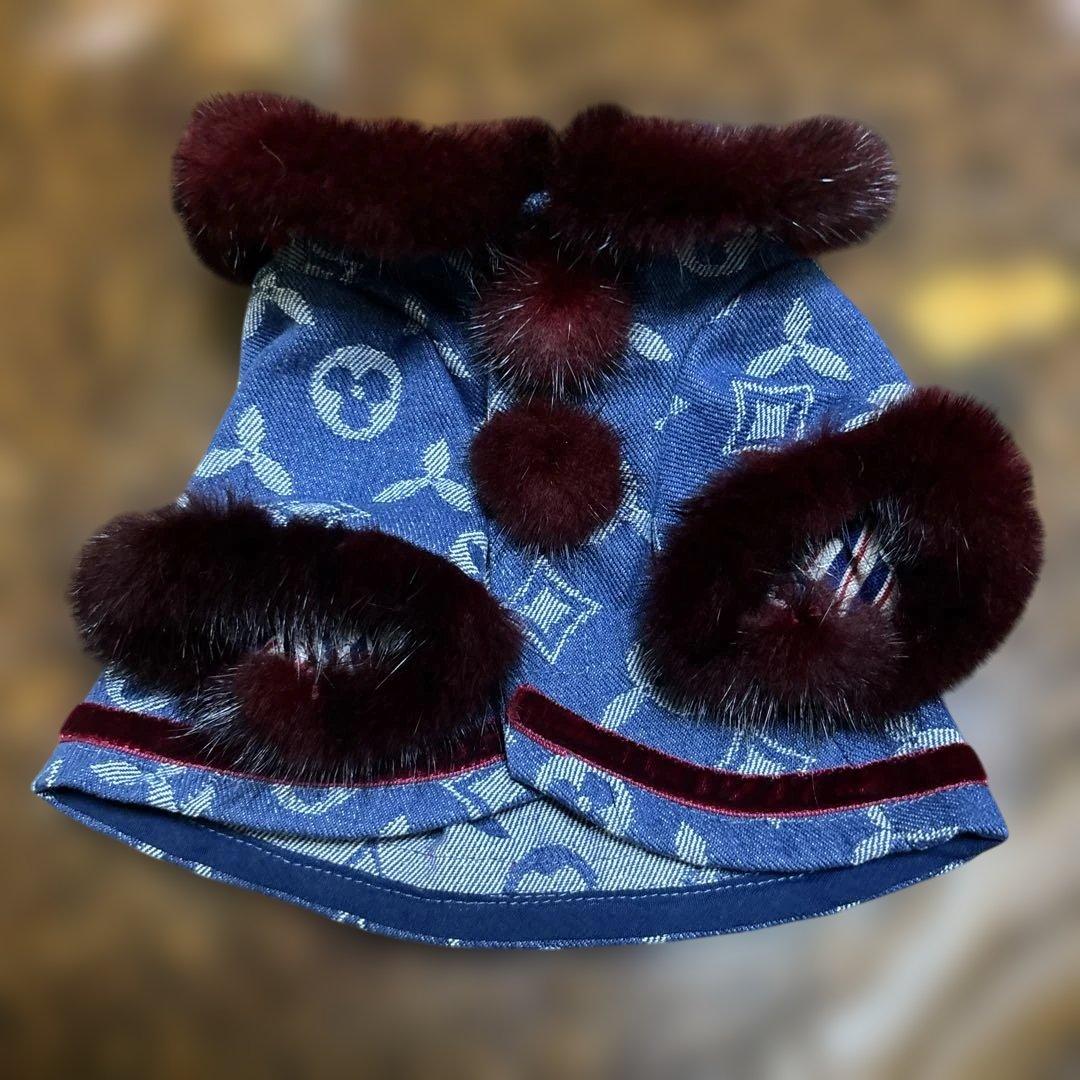 犬服 デニム ミンク付き コート