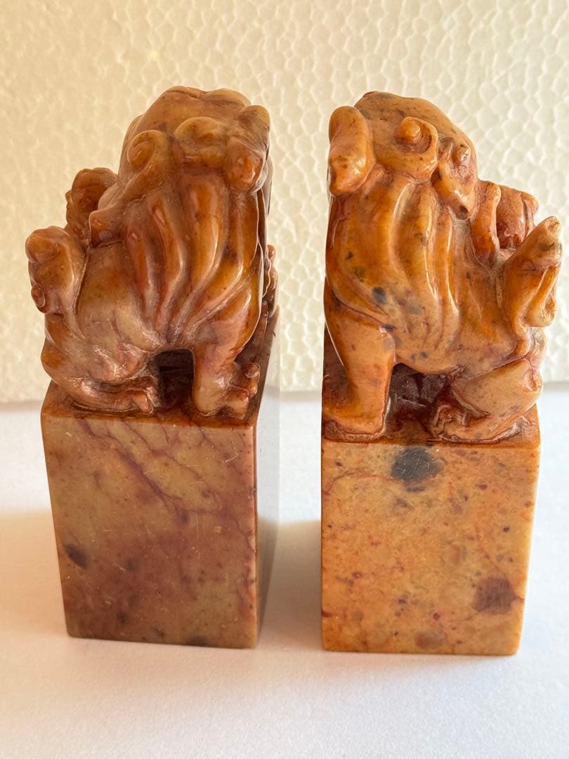 【希少】獅子鈕紅芙蓉橙石印材　印石　印材　中国　2個セット　箱入り