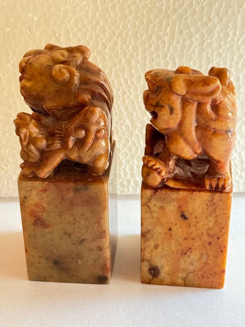 【希少】獅子鈕紅芙蓉橙石印材　印石　印材　中国　2個セット　箱入り