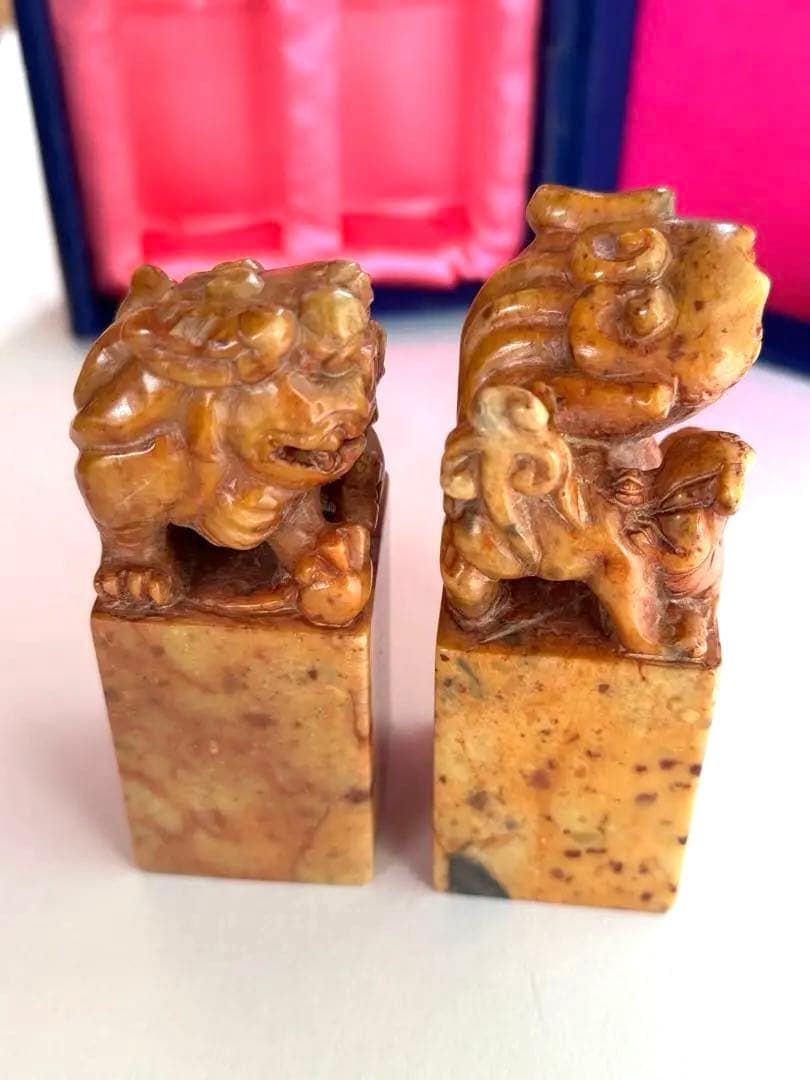 【希少】獅子鈕紅芙蓉橙石印材　印石　印材　中国　2個セット　箱入り