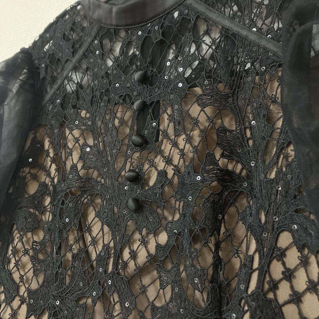 完売品　人気　レジャ　シアーレースパフスリーブスリットIラインドレス　S