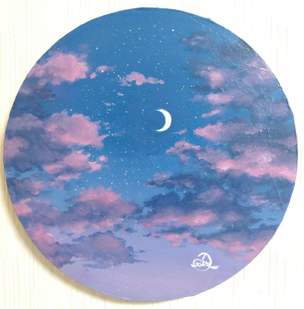 空の油絵【今宵の紅】1点物の原画◆作者サイン入り/円型キャンバス油彩画