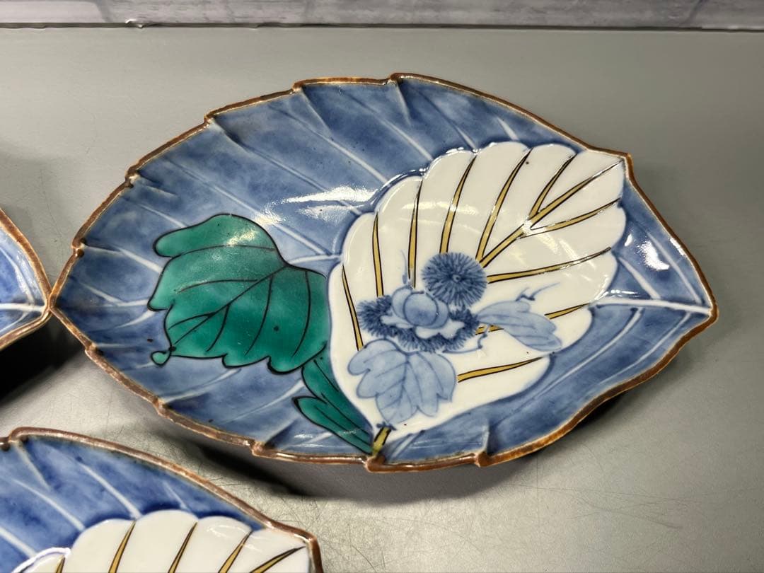 時代　二重角福　柿右衛門手　色絵　変形皿　五枚　 逸品です！