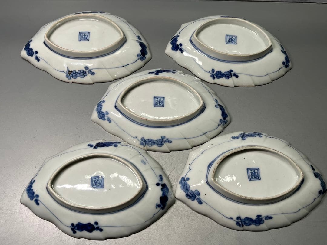 時代　二重角福　柿右衛門手　色絵　変形皿　五枚　 逸品です！