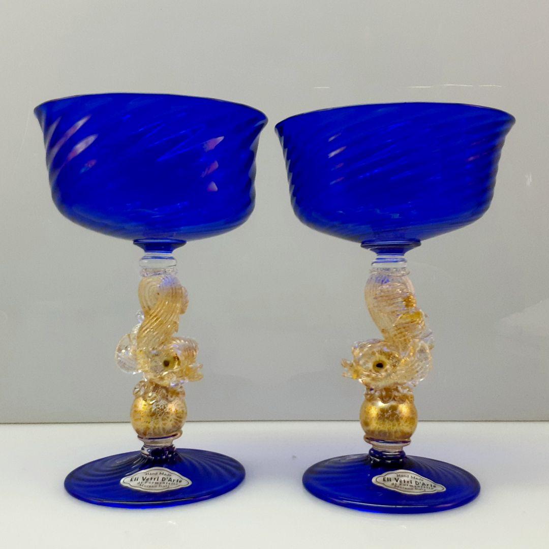 MURANO ムラノ 金彩 ドルフィン モチーフ ブルー グラス 2客セット