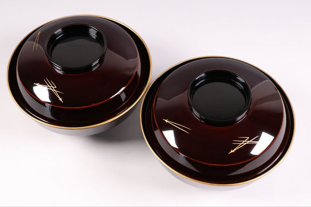 【CM378】大正期 月と松 飛翔鶴 金蒔絵 欅地溜塗 黒塗 椀二客 木製漆器